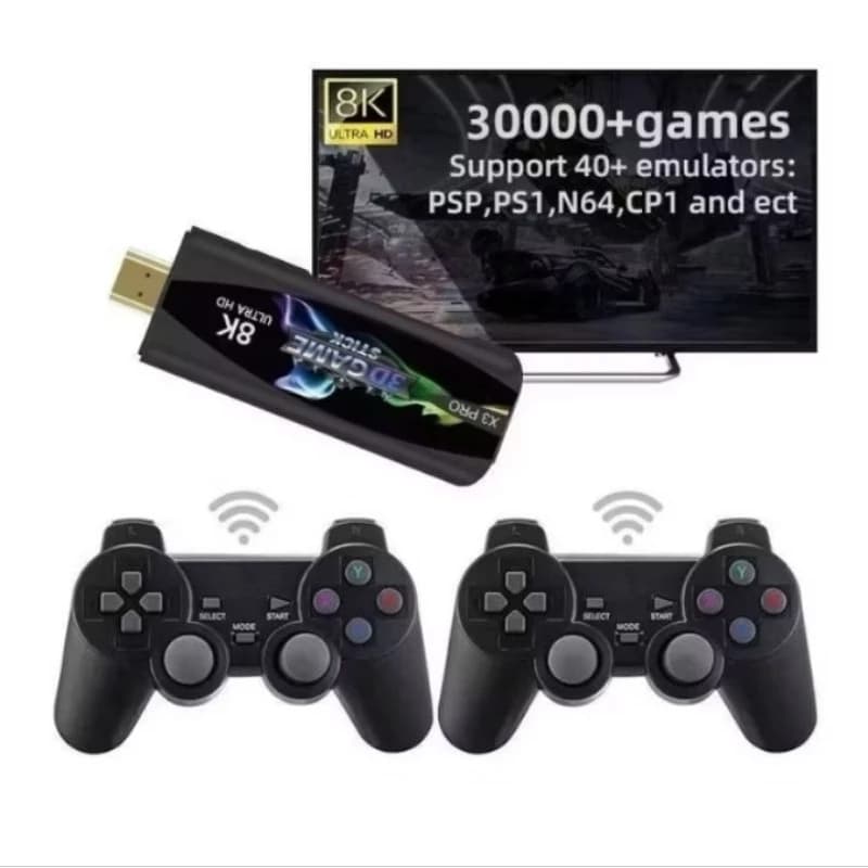 Video Game GAME STICK X3 PRO + 30.000 JOGOS 2 CONTROLES 64GB 8K - Com Sistema Emuelec