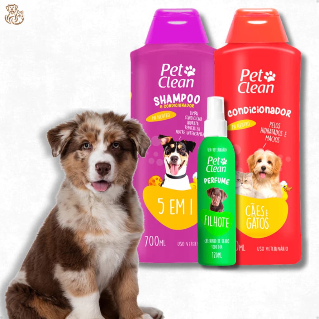 Kit Banho Higiene Shampoo 5 em 1 + Condicionador + Perfume Pet Shop para Cachorro e Gato Pet Clean