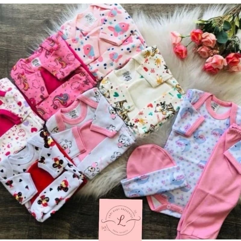 kit 12 peças de roupa para bebê menina enxoval 100% algodão  - 3 body, 3 calça, 3 touca e 3 par de meia - roupa bebe