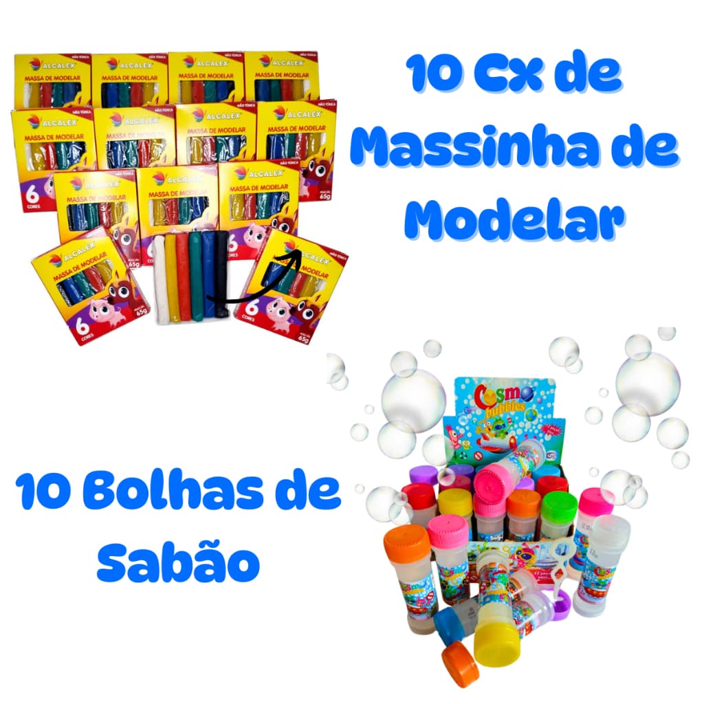 10 Massinha de Modelar + 10 Bolha de Sabão Kit Festa Lembrancinha Prenda Educativo Infantil
