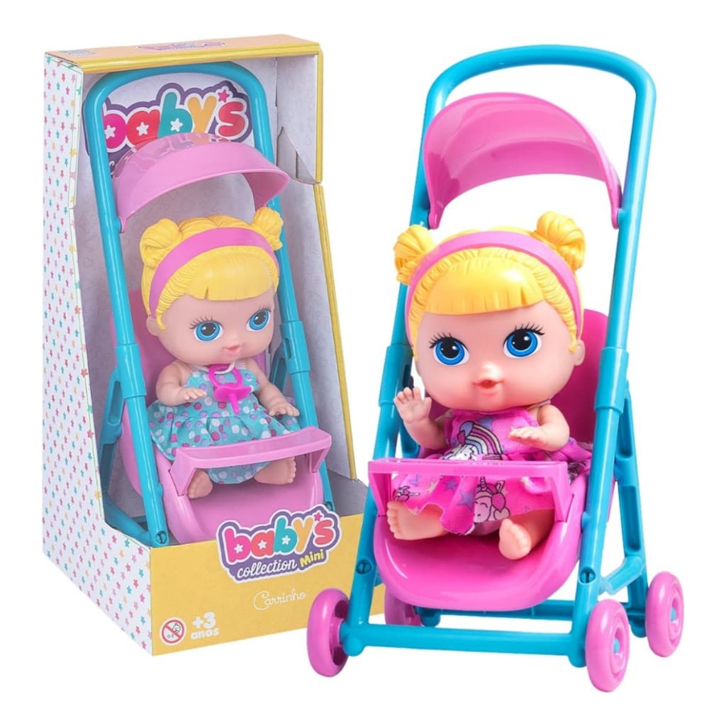 Boneca Loira Bebe Baby Collection Passeio Com Mini Carrinho Super Toys