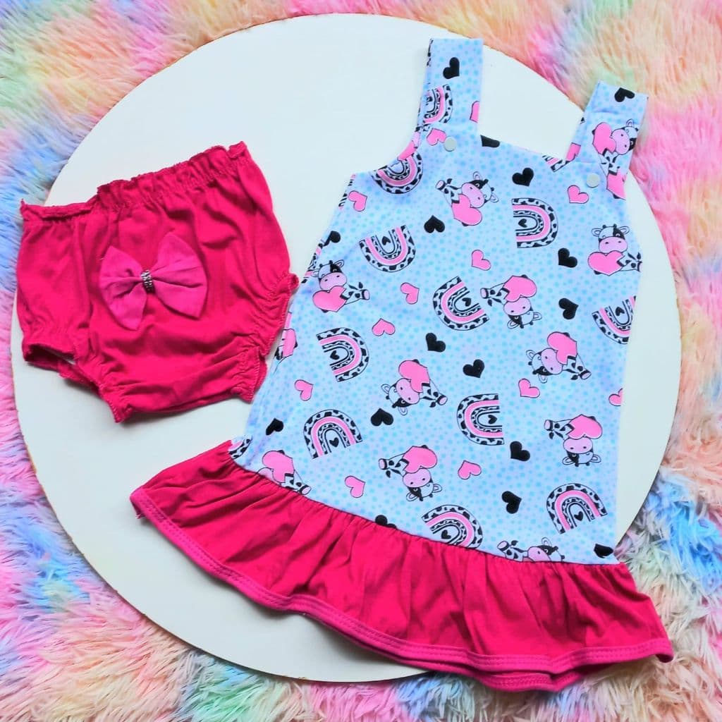 Vestido bebe menina com calcinha tapa fralda estampas variadas