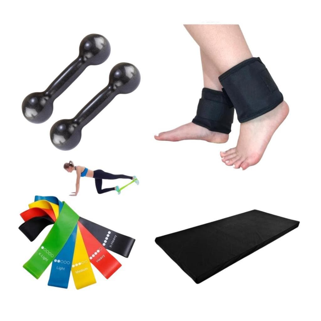 Kit Par Halter 1 Kg Emborrachado + Caneleira 1 Kg + Colchonete + Kit Band Treino Musculação de Academia Em Casa