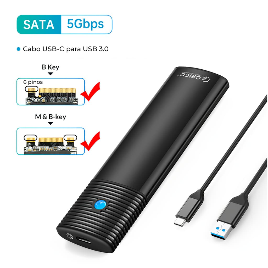 Case Portátil para SSD M.2 SATA NGFF Externo USB 3.0 5Gbps Ultra Velocidade USB-C