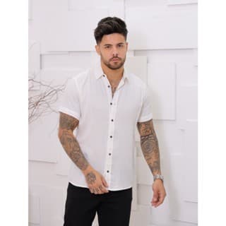 Camisa Linho Masculina Social Formal Com Botão Gola Social Manga Curta Slim Moda Luxo Linha Premium Plus size