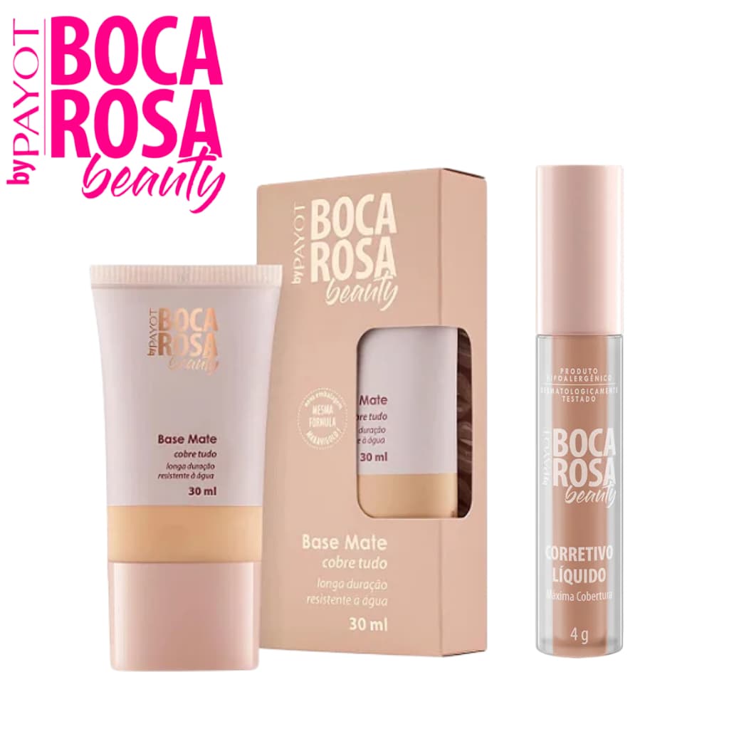 Base Liquida e Corretivo Liquido Facial, Kit Maquiagem Boca Rosa By Payot