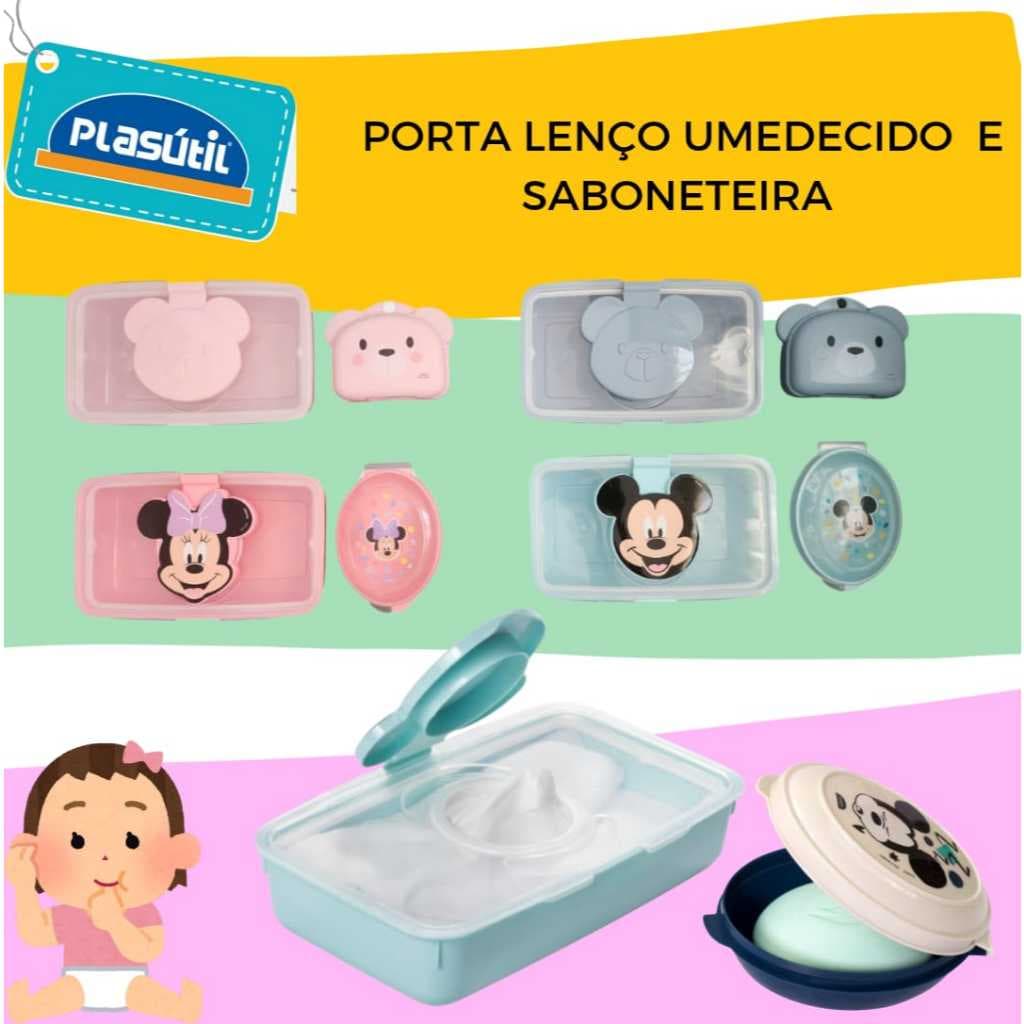 Plasutil kit porta lenço umedecido com saboneteira azul rosa urso minnie mickey disney