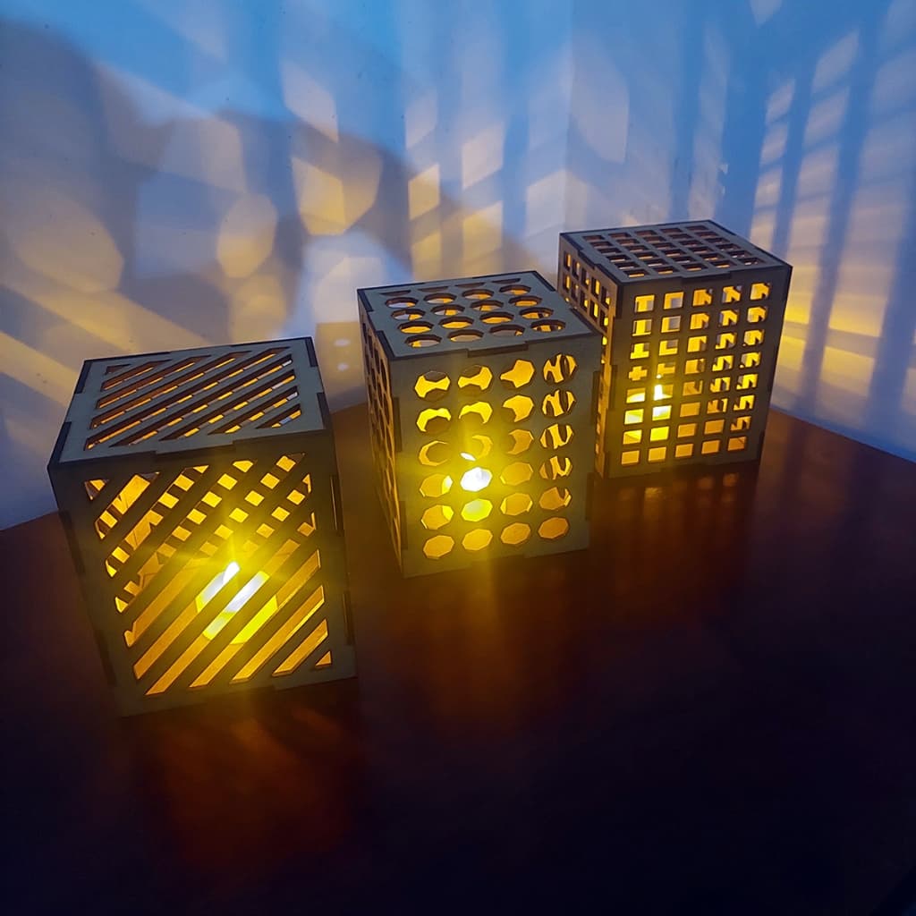 Kit com 3 Luminárias em MDF + Velas LED - Abajur Led Iluminado Decoração romântica Jantar Sala Mesa