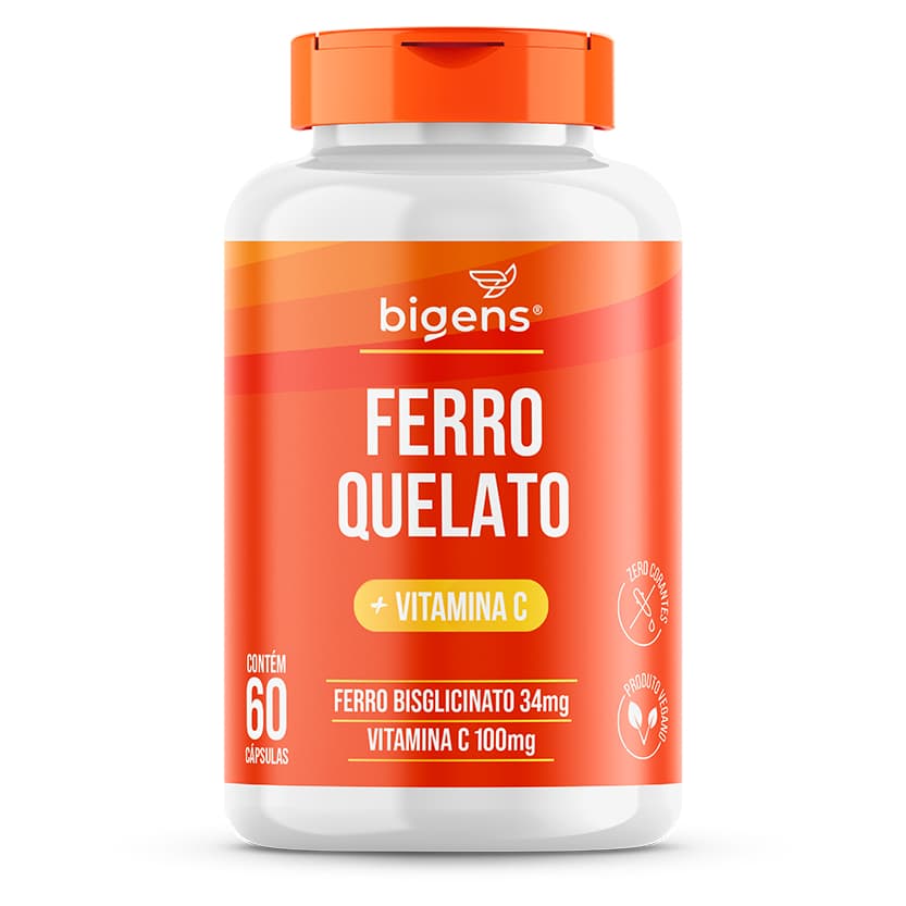 Ferro Quelato 34mg + Vitamina C 100mg ( Por Cápsula ) | 60 Cápsulas | Vegano | Bigens