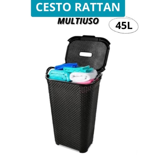 Cesto Rattan 45L Com Tampa Basculada Preto Resisteste Banheiro Lavadeira Organizador