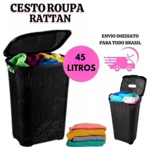 Cesto Rattan 45L Com Tampa Basculada Preto Resisteste Banheiro Lavanderia Organizador