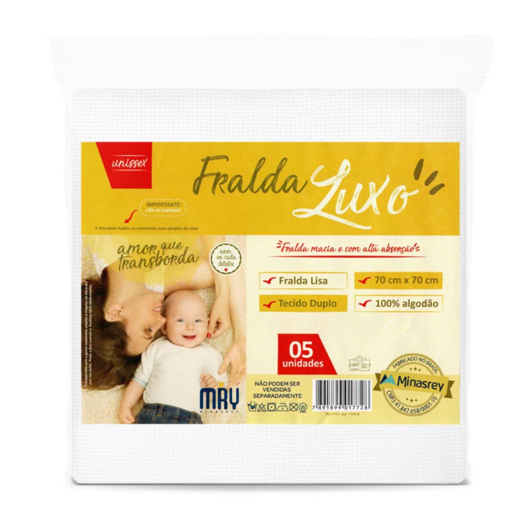 Pacote com 5 Fraldas de Pano Luxo Lisa Branca p/ Bebês e Recém-Nascidos 70x70cm 100% Algodão Tecido Duplo Alta Absorção