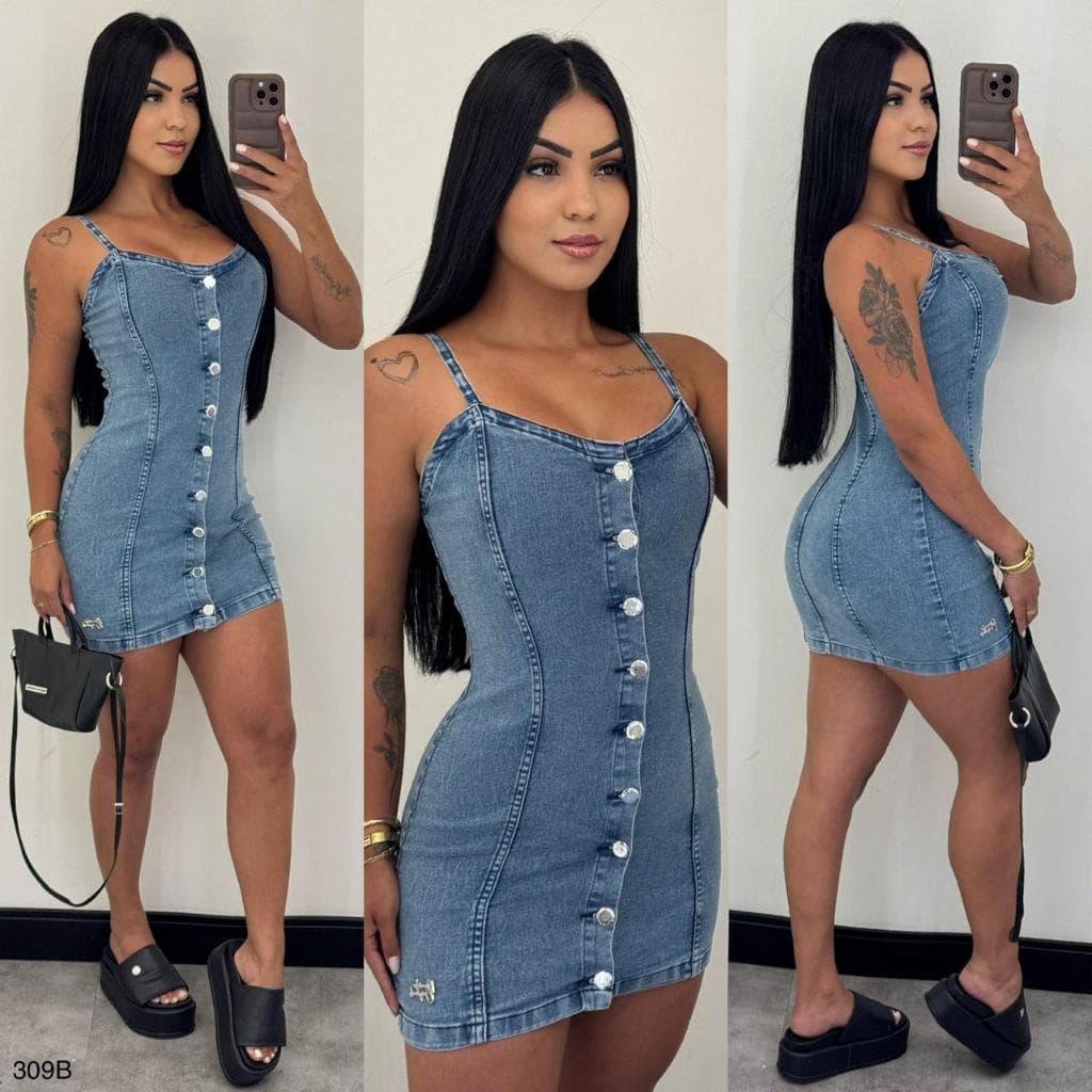 vestido alcinha pimenta original botão vestido jeans curto lycra