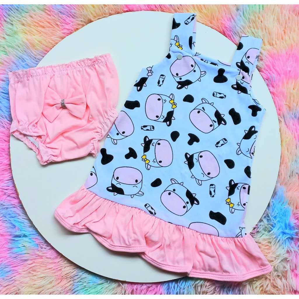 Vestido bebe com calcinha tapa fraldas babado estampas variadas