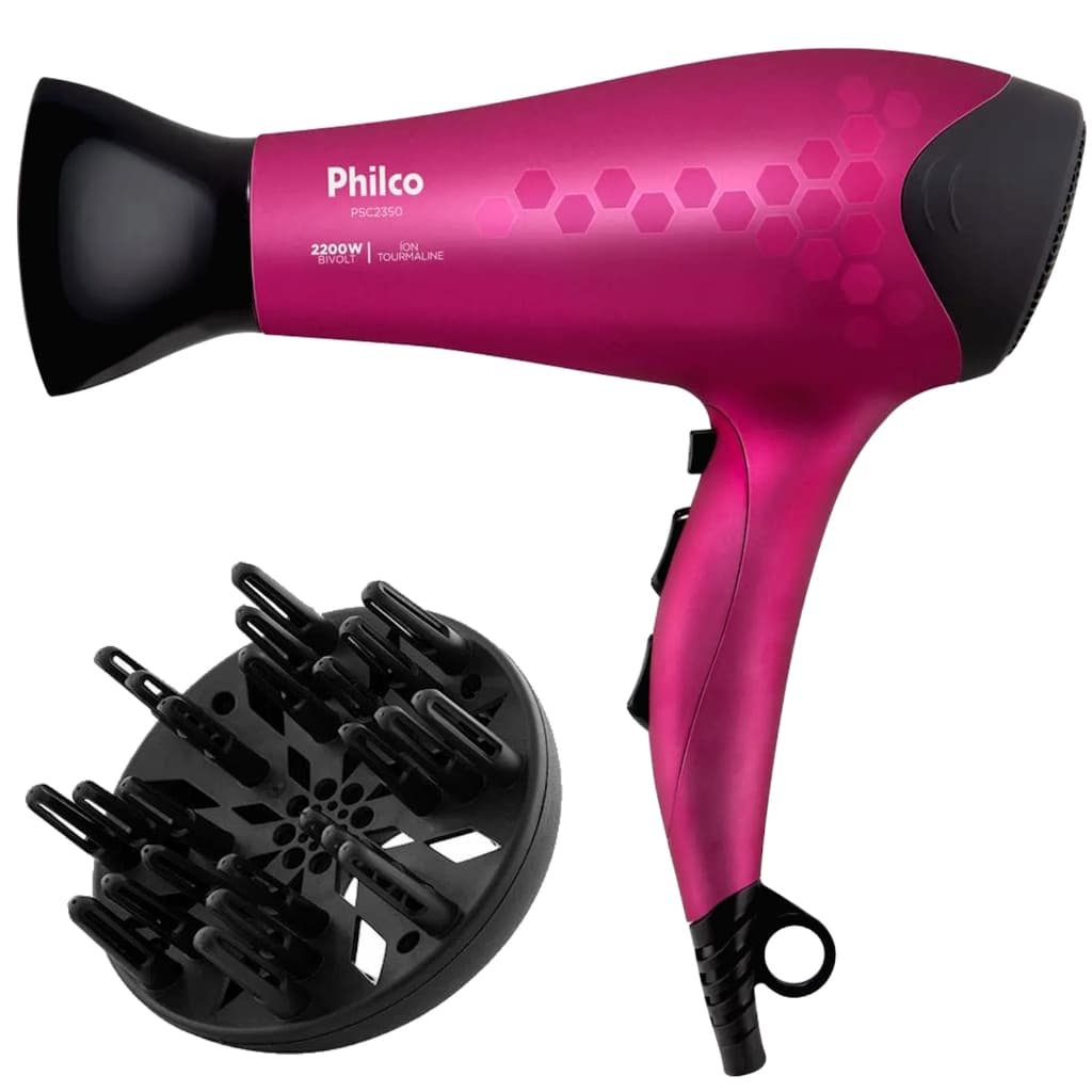 Secador De Cabelo Philco Profissional 2200w Ion Ar Quente Frio Stilo Com Difusor De Cachos