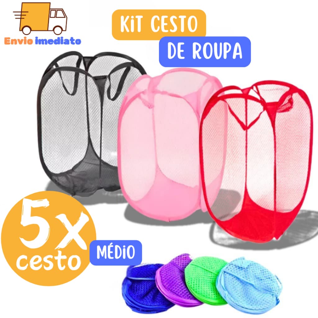 Kit 5  Peças Cesto Tecido MÉDIO de Roupas Organizador Dobrável Multiuso Brinquedo Lavanderia Banheiro Quarto