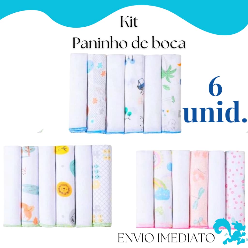 Kit 6 Pano de Boca Bebê 100% Algodão 30x30cm Paninho Fralda de Boca Enxoval Recém Nascido