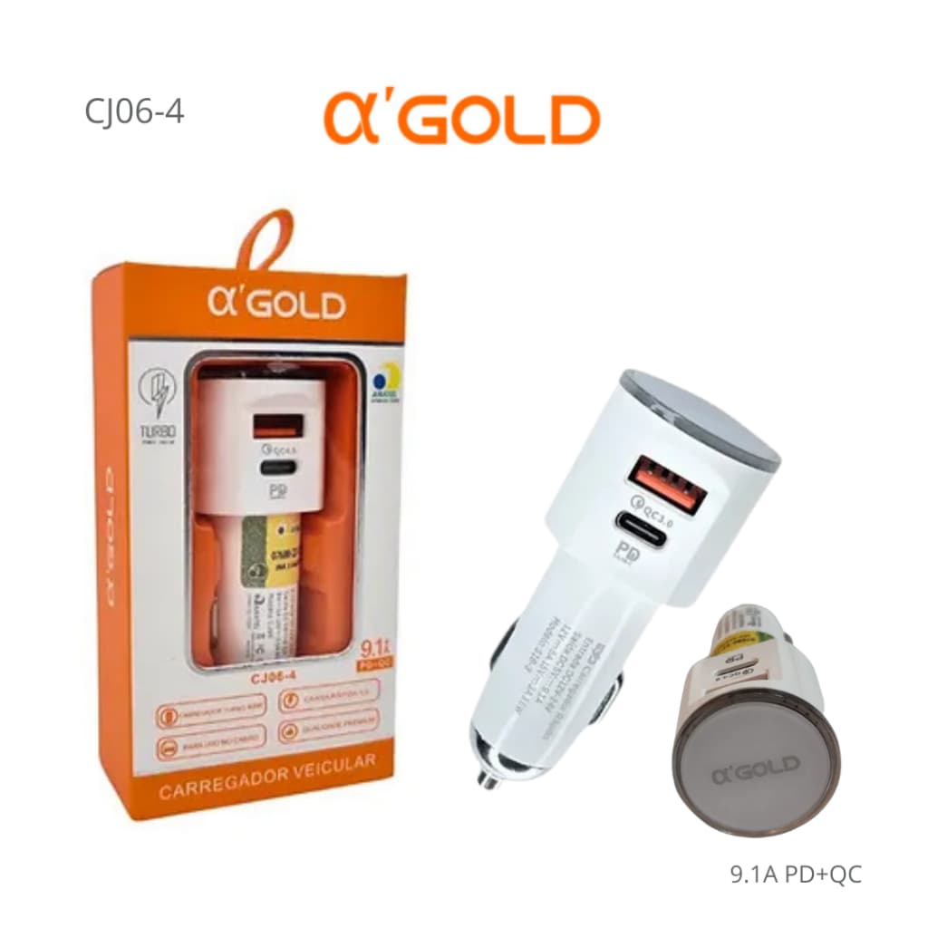 Carregador Veicular A' Gold / Carregador Para Veiculo PD+QC 9.1A 40W / CJ06-4.