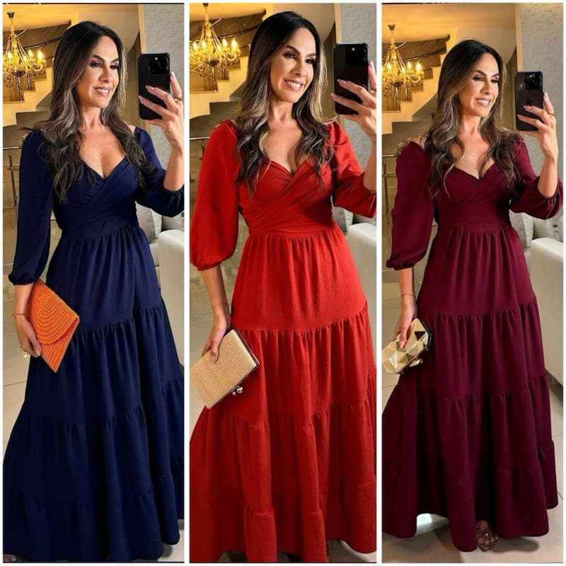 vestido longo feminino manga 3/4 com amarração decote ombro a ombro festa formatura casamento