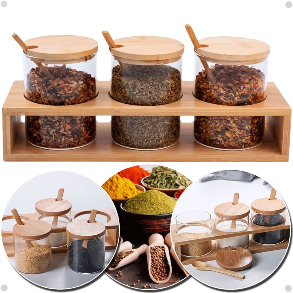Kit 3 Porta Temperos sal açúcar 300ml Colher Base Vidro Bambu Porta Condimento Organizador Tempero