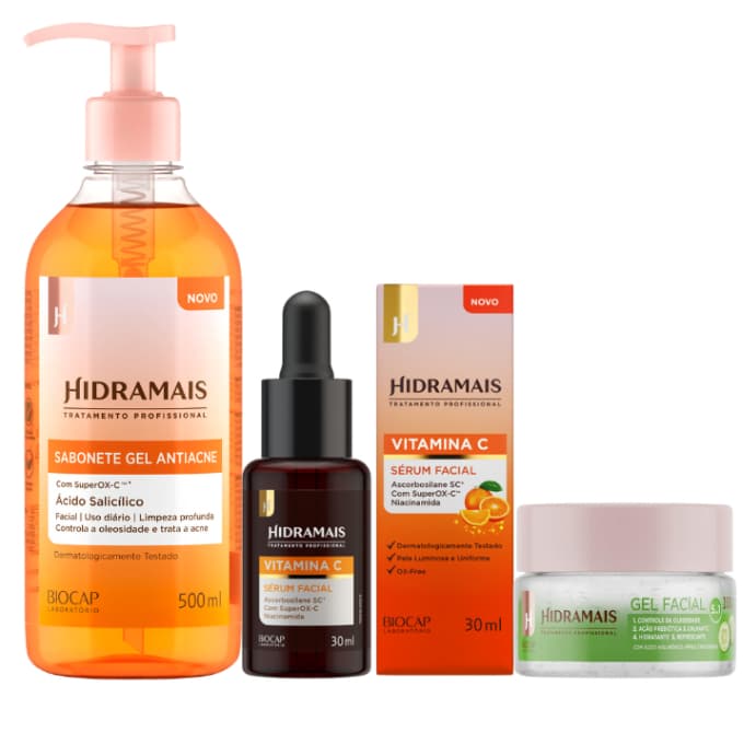 Kit Hidramais Sabonete Gel Antiacne 500ml + Gel Facial 100g + Serum Vitamina C 30ml