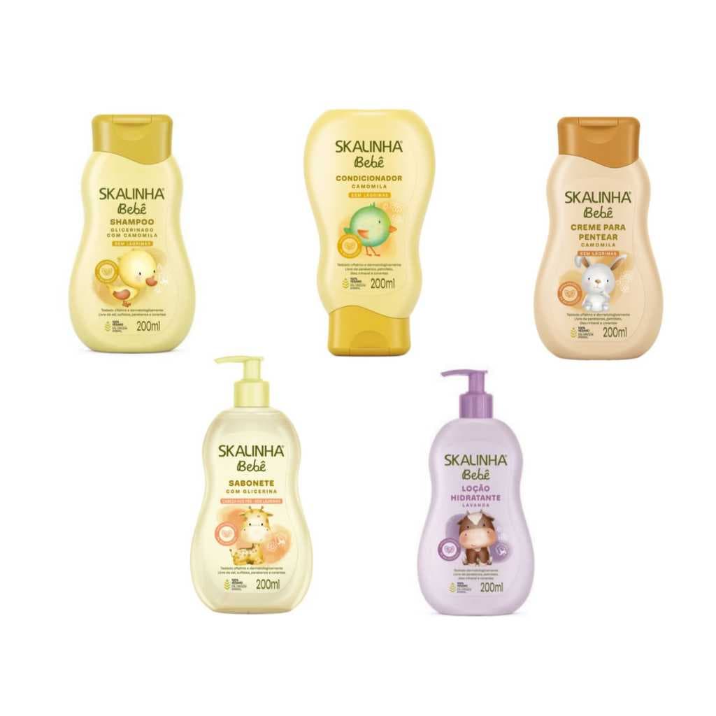 Kit Skalinha Bebê Shampoo Condicionador Creme de Pentear Sabonete Liquido e Hidratante