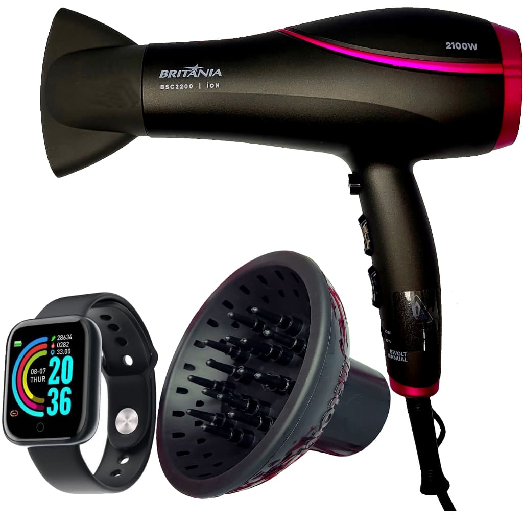 Secador De Cabelo Britania Profissional 2100w Ions Tourmaline Ar Quente Frio Bs22 Bivolt Difusor Cachos Smartwatch