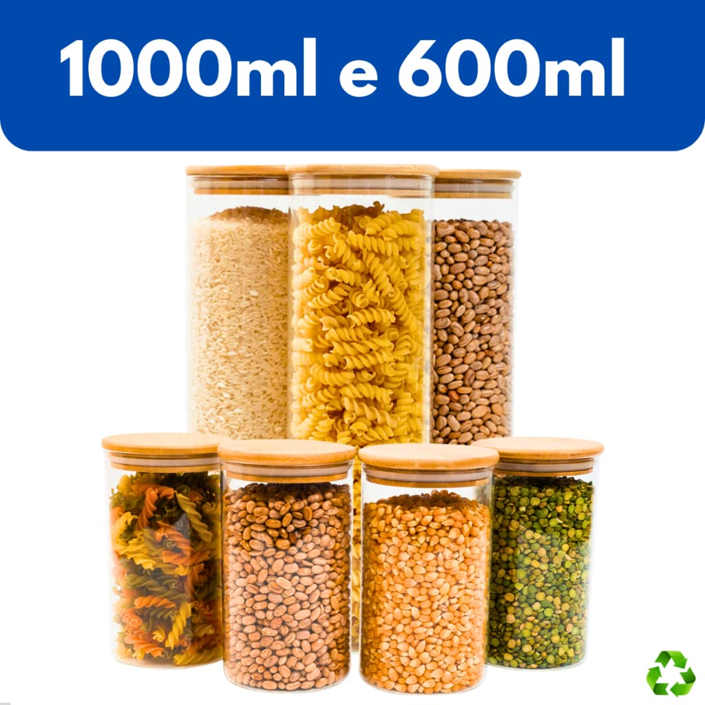Conjunto Porta Mantimento De Vidro 1000ml e 600ml Hermético Tampa De Bambu Para Alimentos Temperos