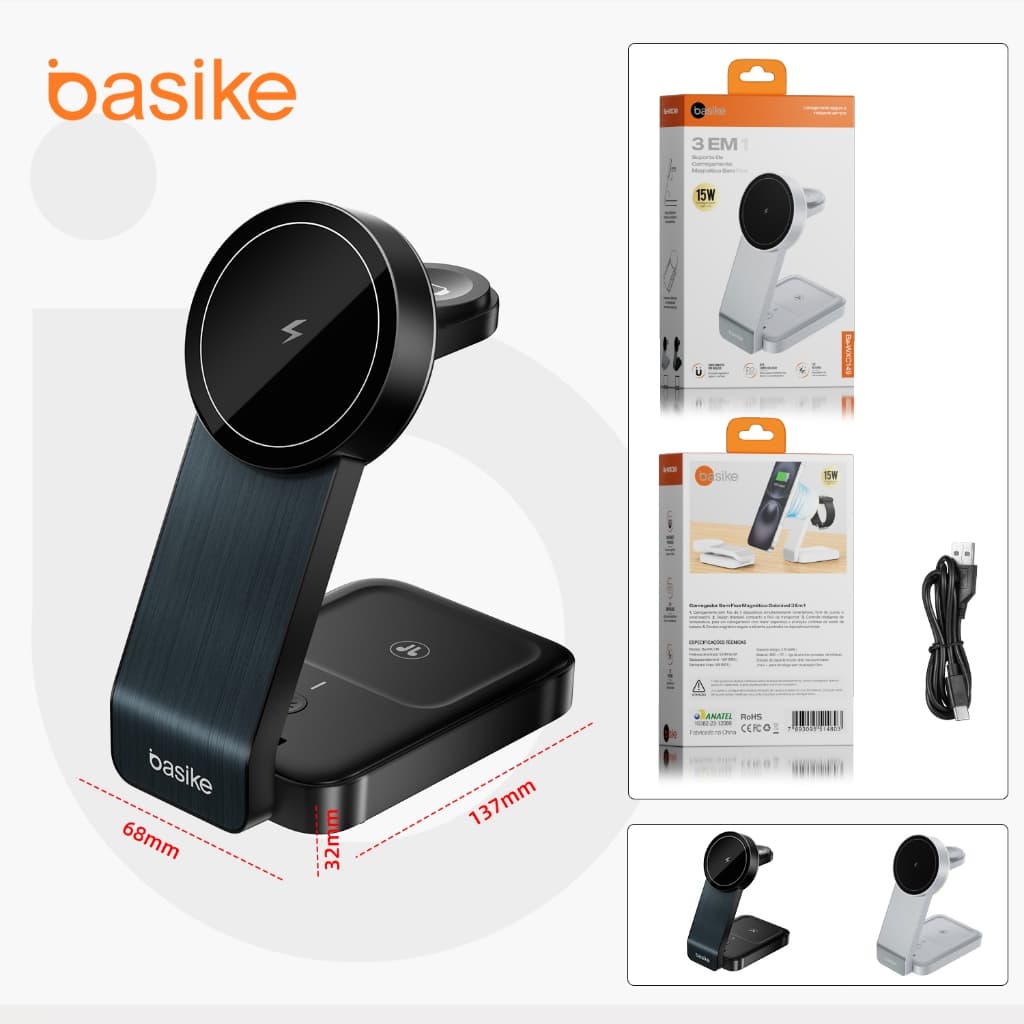 Basike Magnético Carregador Por Indução Sem Fio Wireless Carga Rápida 15w Para iPhone Android 3x1 Cor