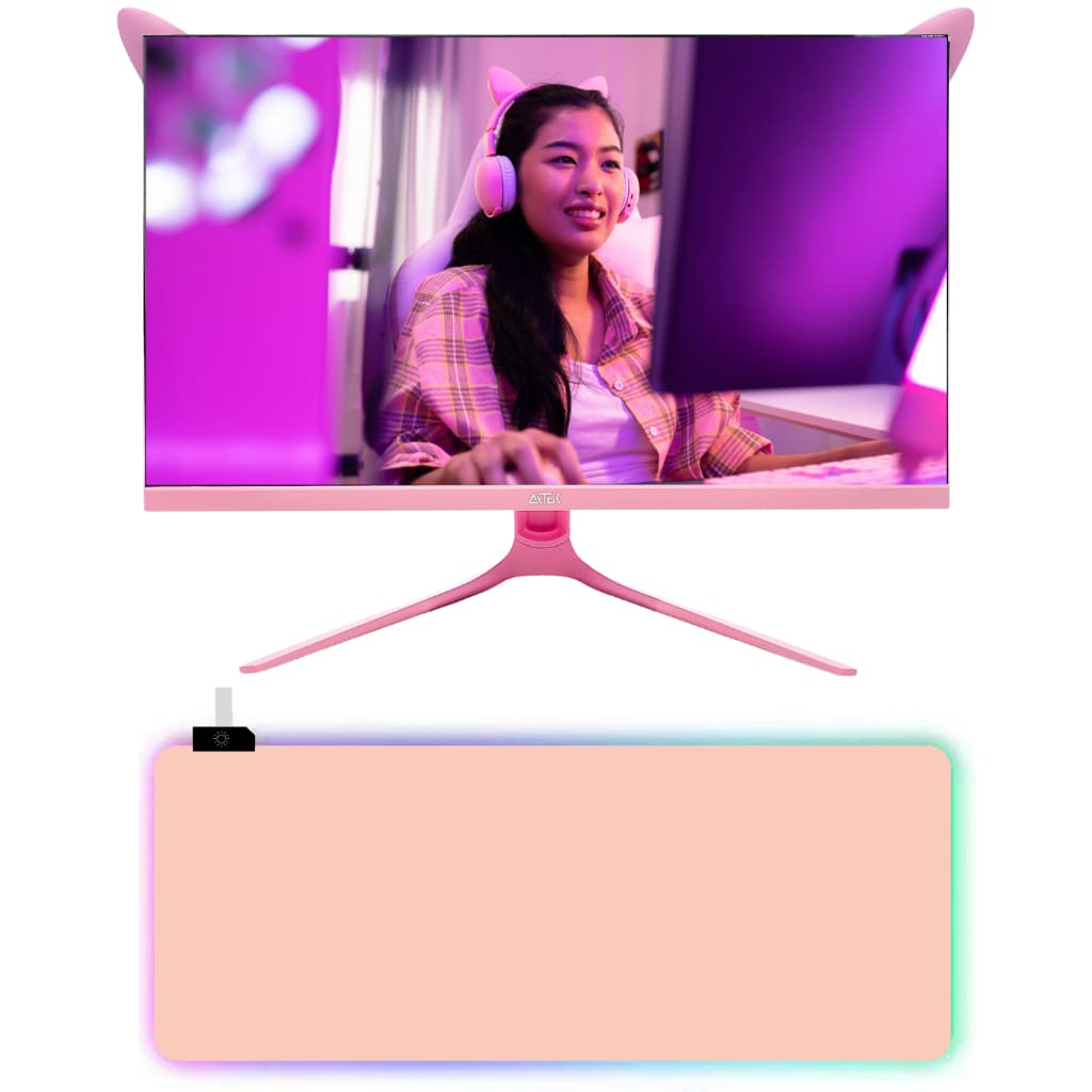 Kit Monitor 27" LED Rosa Aitek + Mousepad RGB 80x30cm - Full HD, 100Hz, Estilo Gamer