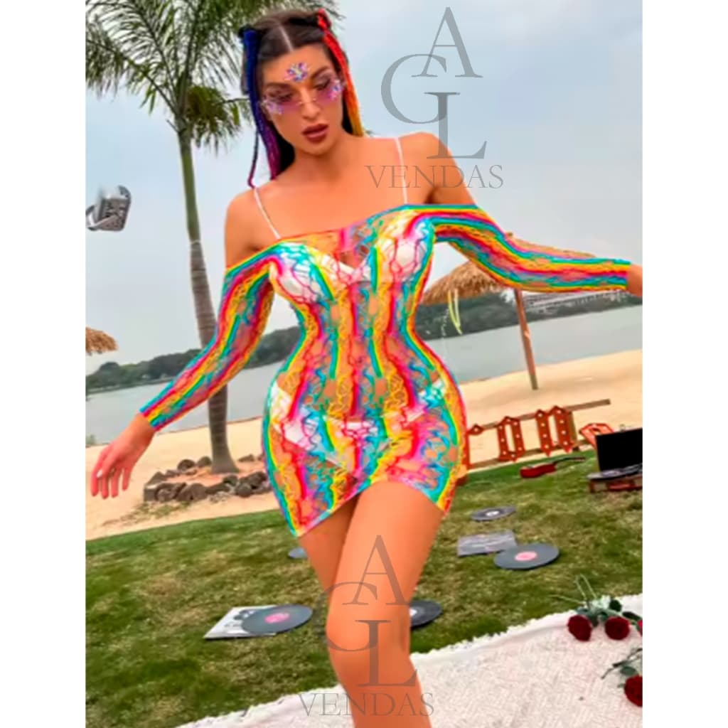 VESTIDO SAIDA DE PRAIA ARRASTÃO COLORIDO GOLA OMBRO A OMBRO MANGA LONGA / SAIDA DE PRAIA EM VESTIDO ARRASTÃO COLORIDO.