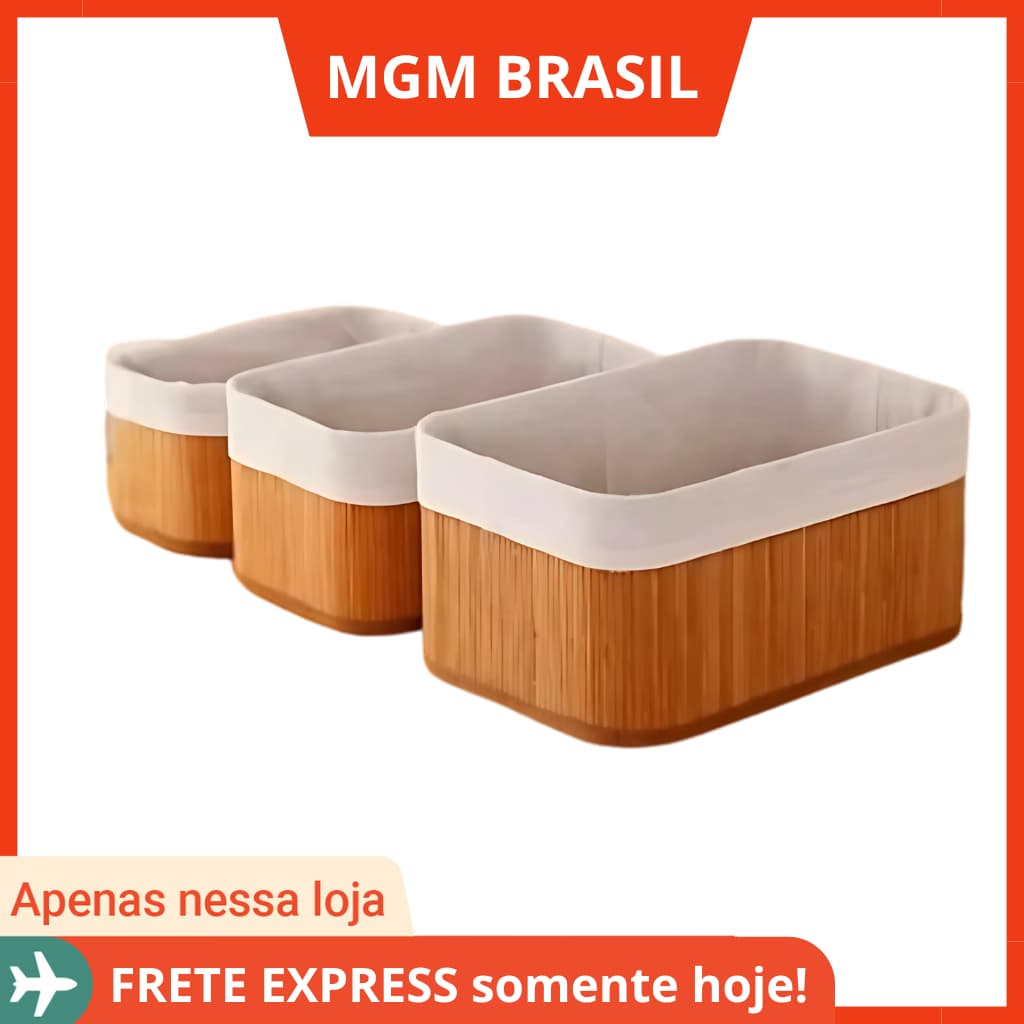 Jogo 3 Cestos de Bambu Organizador Multiuso Armário Cozinha Banheiro Decoração Caixa Tecido Madeira
