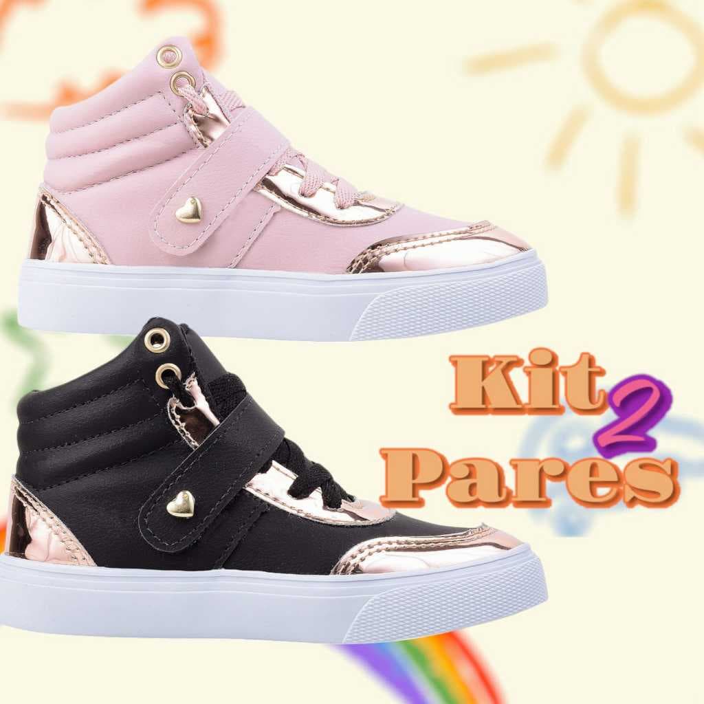 Kit 2 Pares botinha infantil feminina confortável sola macia antiderrapante leve e durável para escola, velcro, charmos