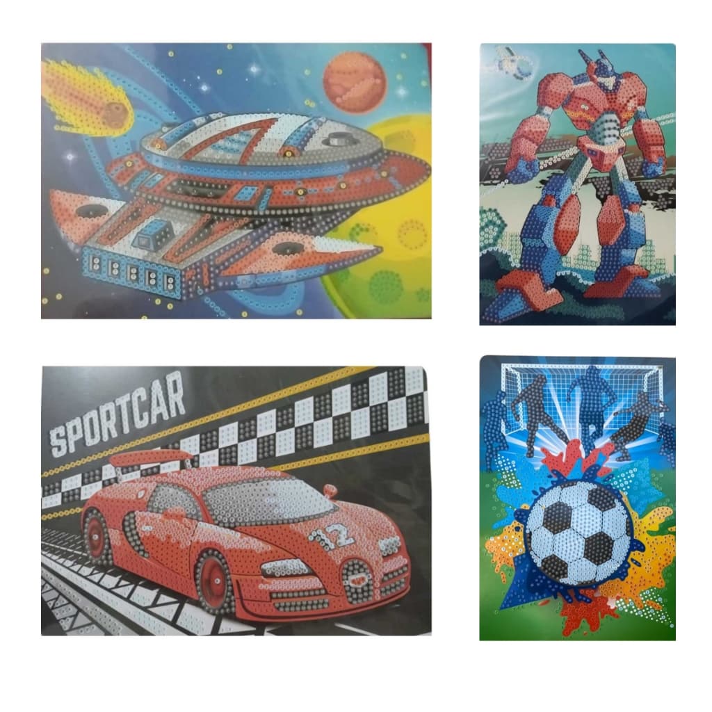 Kit 5 Quadros Pintura 5d Diamante Infantil Carro Bola Nave
