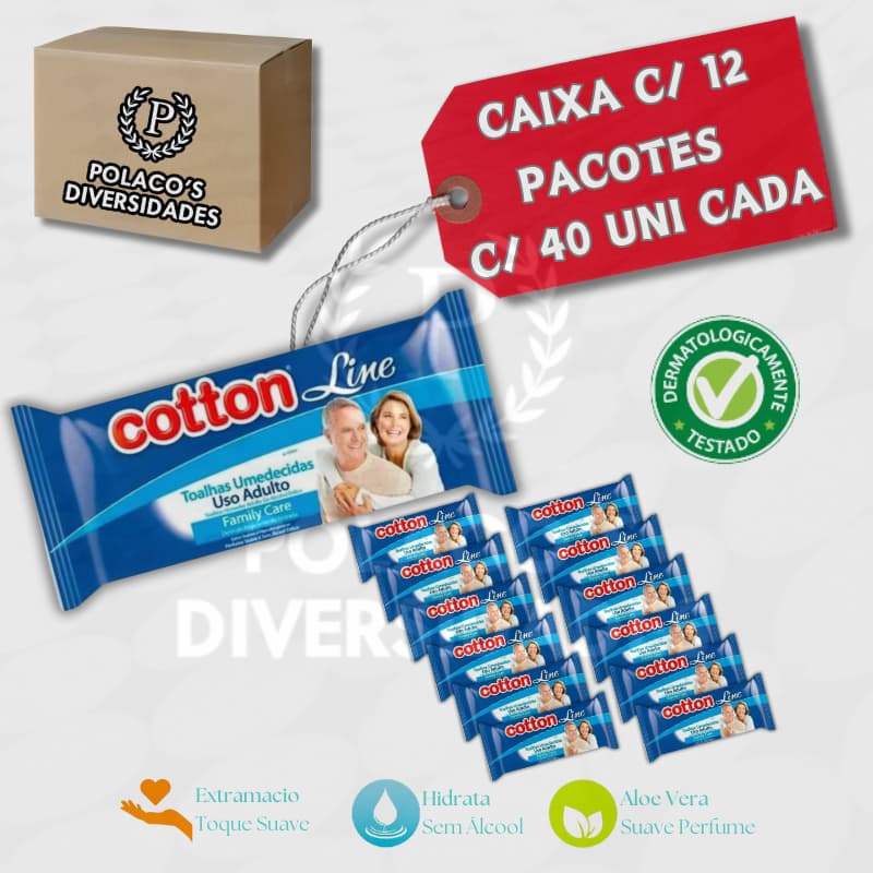 KIT C/ 12 Pacotes Toalhas Umedecidas Cotton Line (Uso Adulto)  480 Unidades