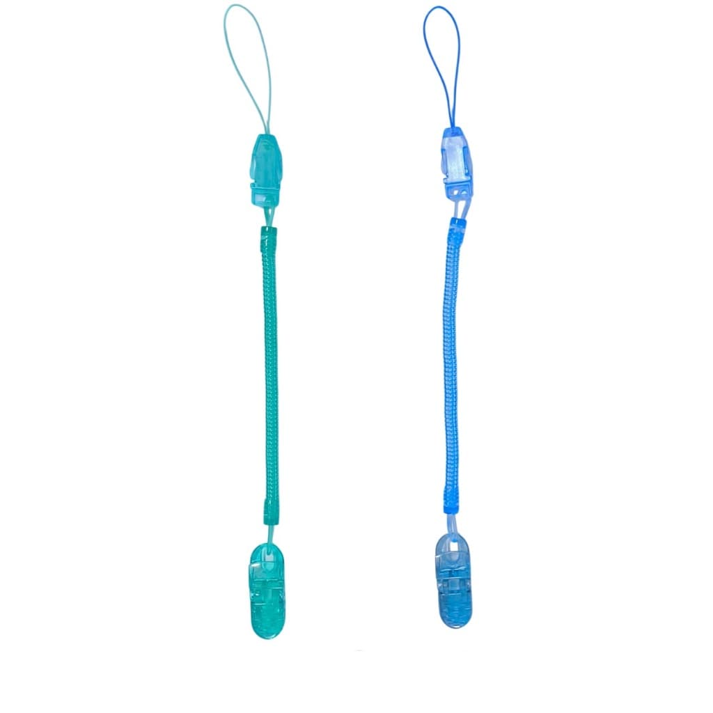 2 prendedores Cordinha Clip de chupeta bico bebê menino cor lisa mola de silicone verde e azul
