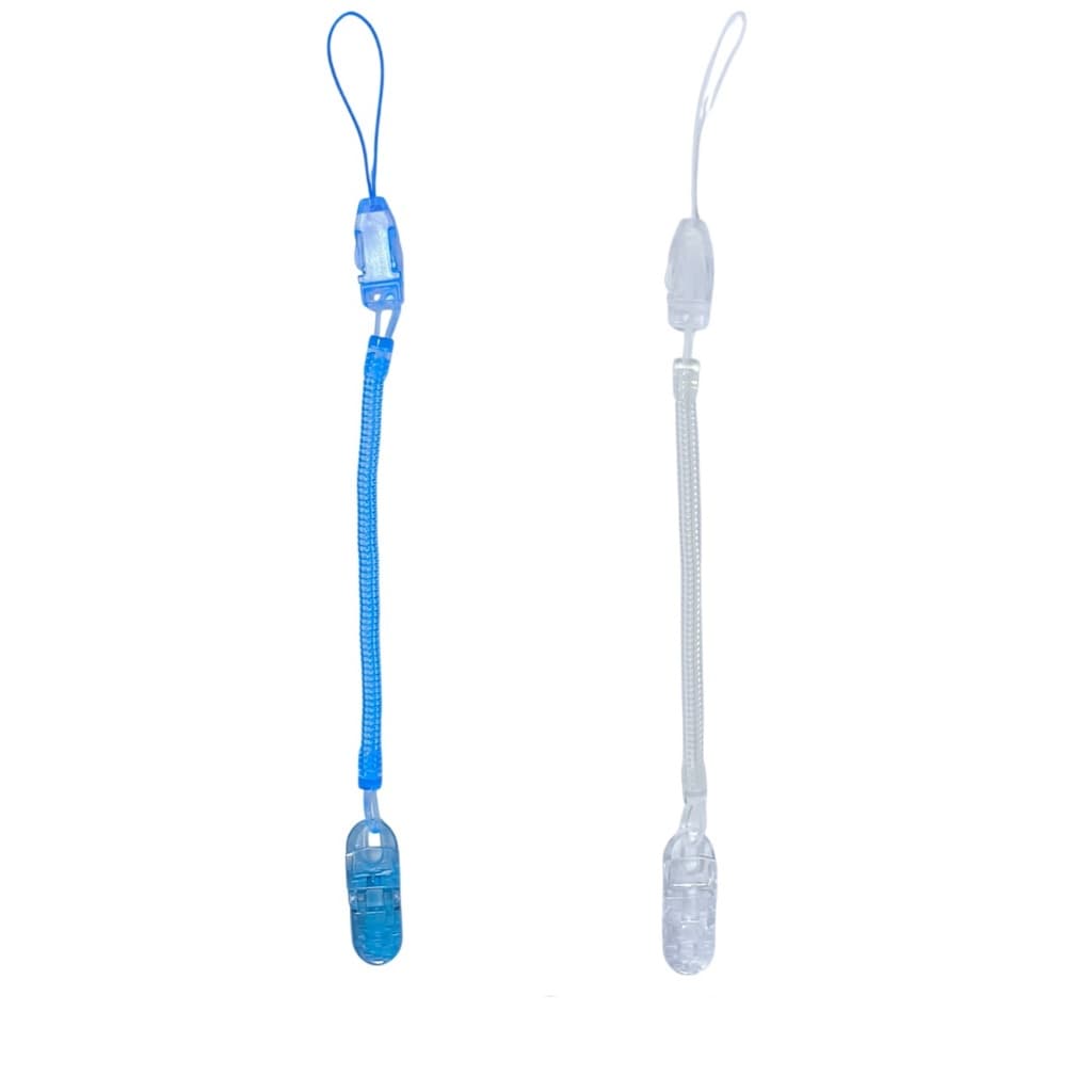 2 prendedores Cordinha Clip de chupeta bico bebê menino cor lisa mola de silicone Transparente e Azul
