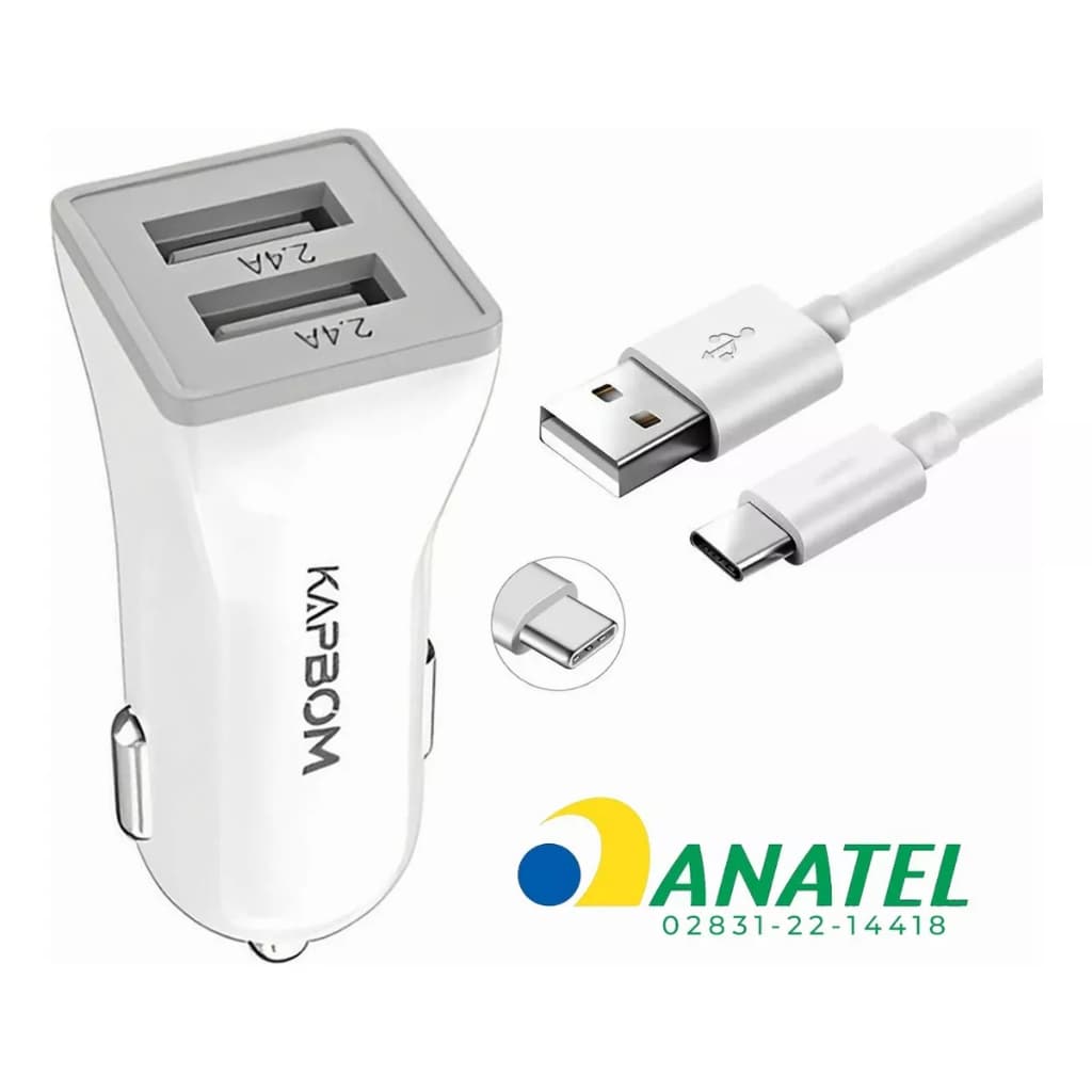 Carregador Veicular com Cabo iPhone/Android Turbo 4.8A Usb C/Lightning/Micro USB Anatel Homologado