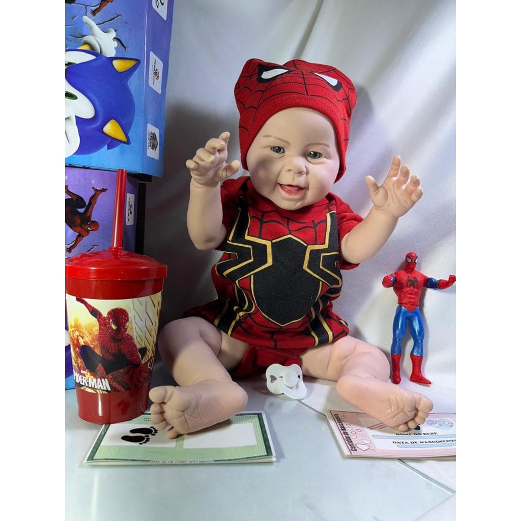 Kit Boneco Bebê Reborn Copo Mamadeira Bonequinho Homem Aranha RG Certidão de Nascimento Chupeta Roupinha Homem Aranha
