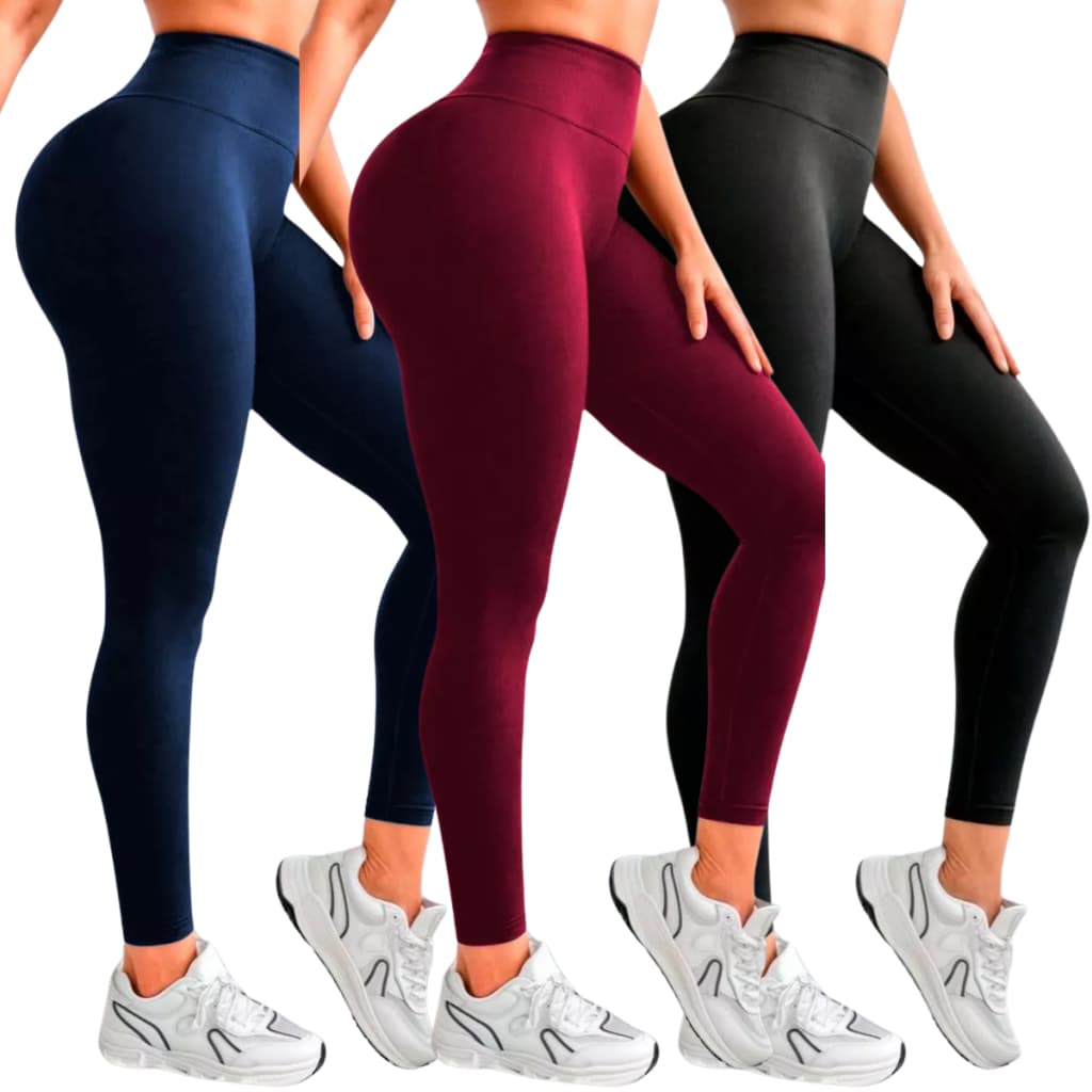 Kit 3 Leg Legging Básica Lisa Feminina Fitness Preto Cinza Vinho e Azul Feminino Do P ao GG Suplex Cintura Alta