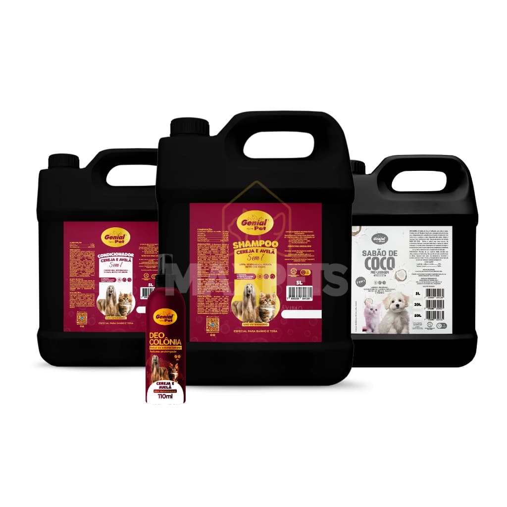 Shampoo + Condicionador Cereja e Avelã 5l + Colônia 110ml + Sabão Pré-lavagem para Cães e Gatos Genial Pet Banho e Tosa