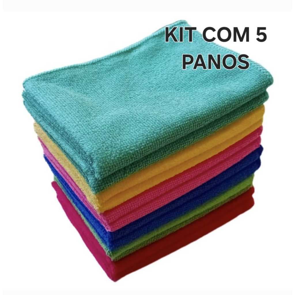 Kit Com 05 Pano Microfibra 35x55cm Limpa Carro Vidro Prato Pia Limpeza Flanela Multiuso