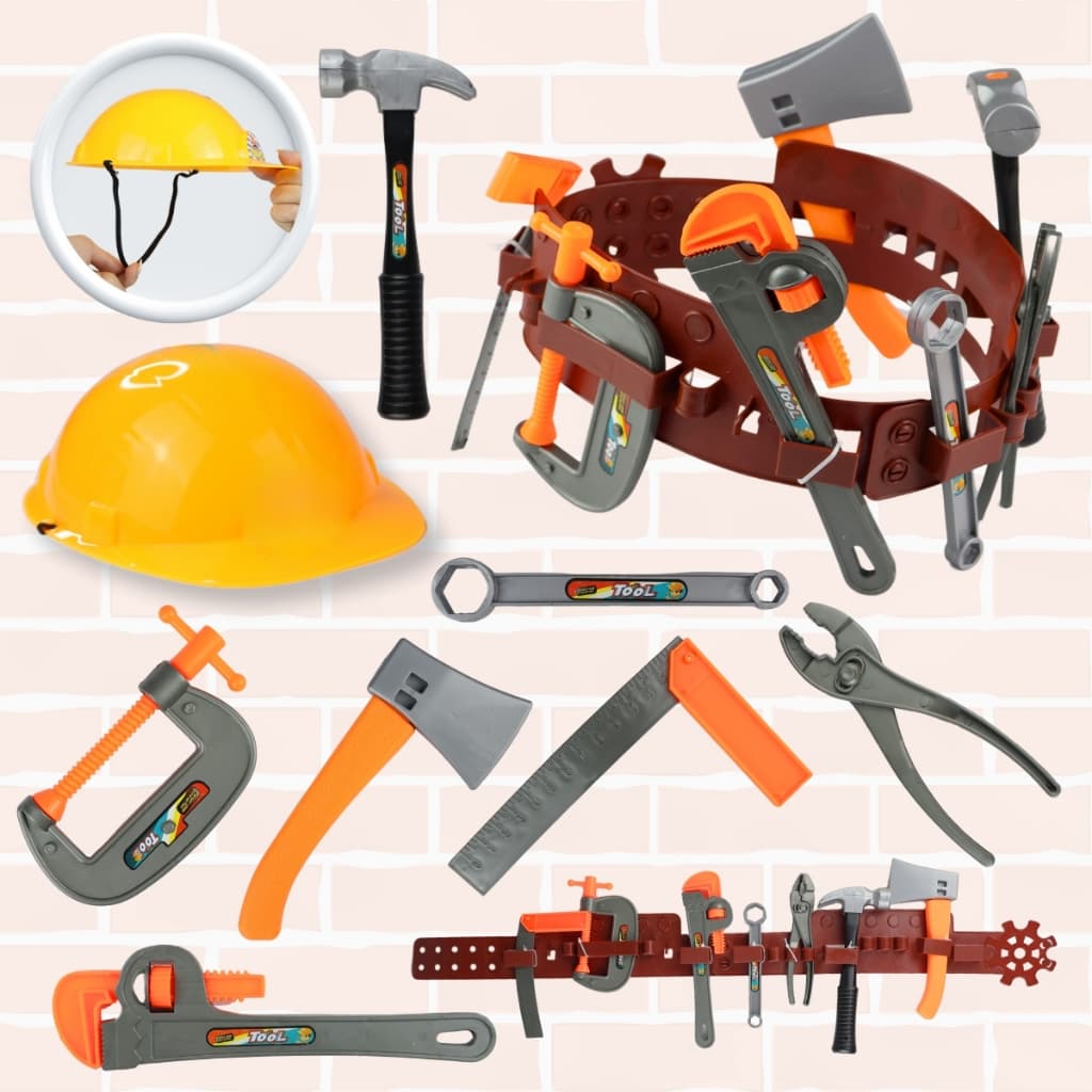 Kit Cinto de Ferramentas Completo e com Diversos Itens 8 Peças Infantil Envio Rápido Menino Capacete