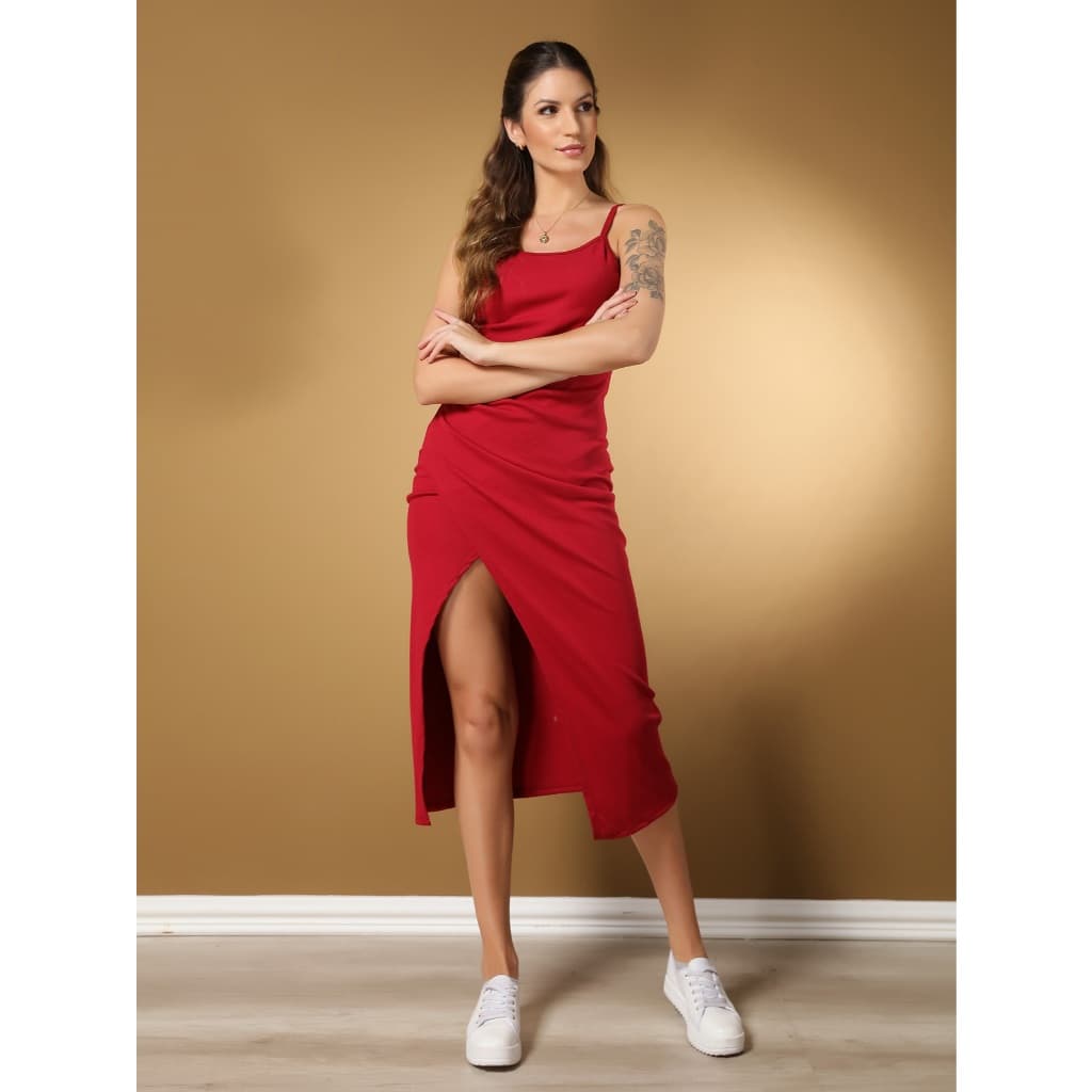 Vestido longo com fenda Vestido de elastano  Vestido de alçinha Vestido de verão