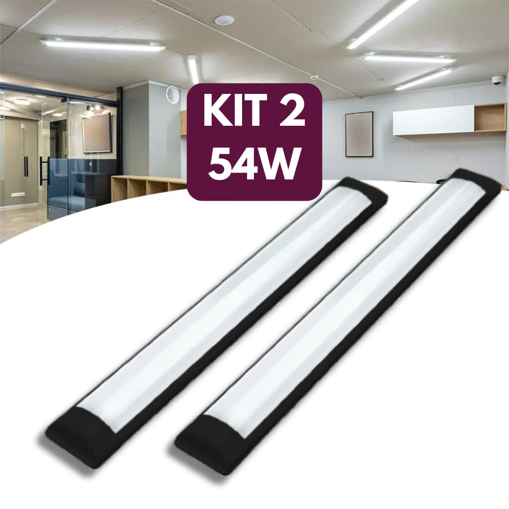 Kit 2 Luminaria Tubular Led Slim 54w Preto 120cm 6500k Branco Frio Bivolt 110v/220v