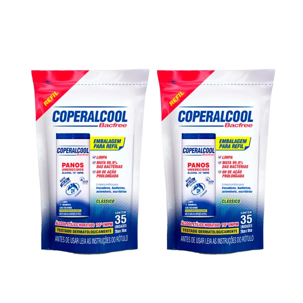 Kit com 2 Refis Panos Lenços Umedecidos Coperalcool Bacfree 70°INPM Clássico 35 Panos