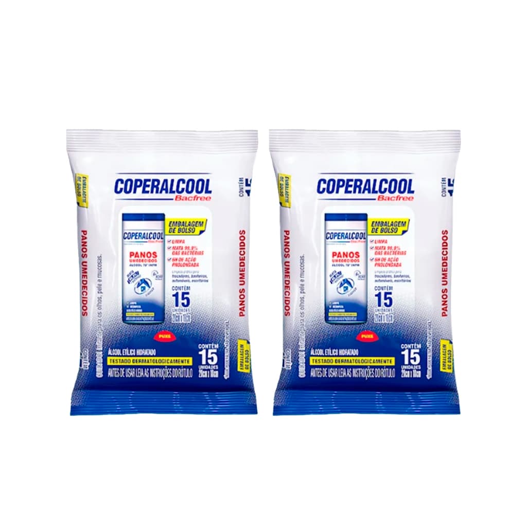 Kit com 2 Panos Lenços Umedecidos Coperalcool Bacfree 70°INPM Embalagem de Bolso Clássico 15 Panos