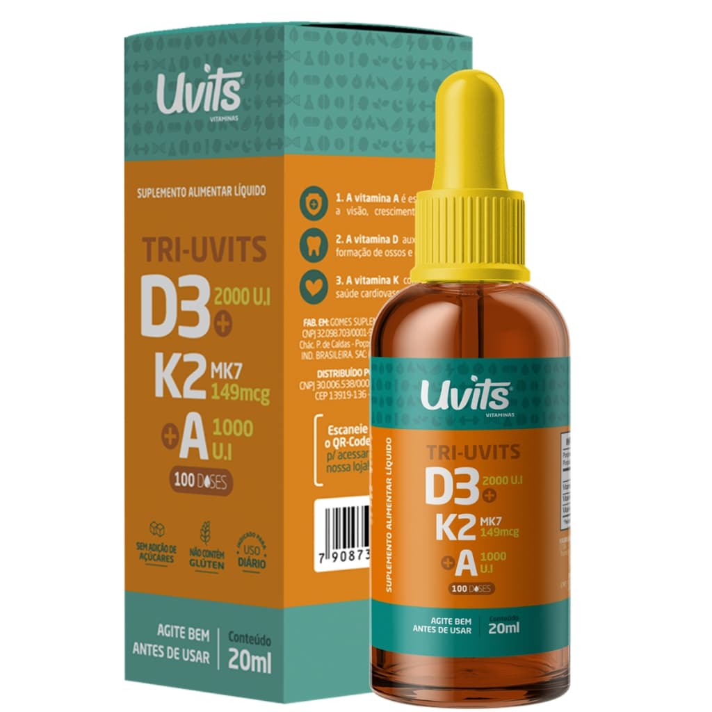 Tri Vitamina D3 + K2 Mk7 + Vitamina A 100 Doses Liquida Gotas - Uvits