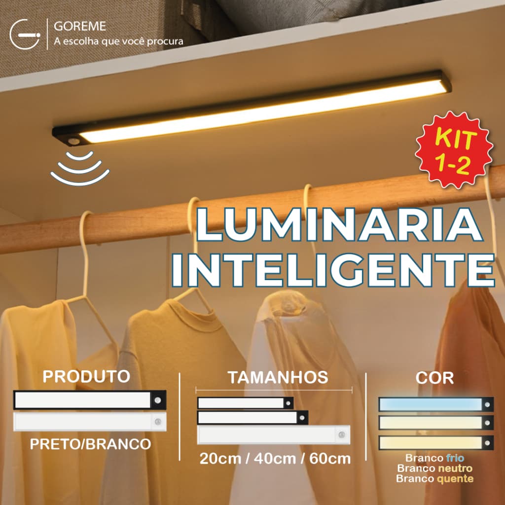 Smart Luminária Inteligente Ultra LED com sensor de movimento sem fio e Recarregável USB fino barra 20/40/60cm