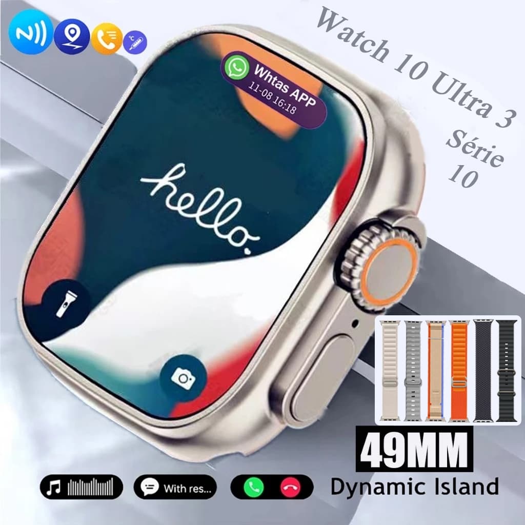 Relógio Inteligente Smartwatch Watch 20 Ultra 49mm com NFC + 7 Pulseiras, Chamada Bluetooth, Medição de Temperatura GPS